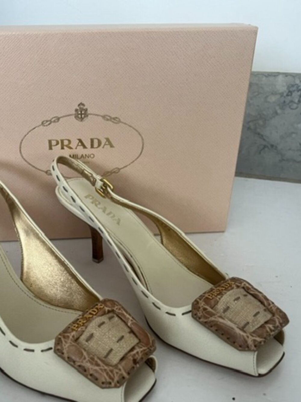 Prada Ivory Leather Slingback Heels Crocodile Buckle Peep Toe